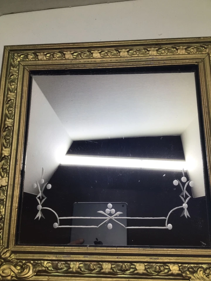 Victorian Square Etched Hanging Wall Mirror Ornate Gold Wood Frame - Image 2 of 4