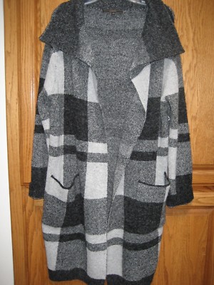 MAXSPORT LONG CARDIGAN DUSTER LARGE Sweater OPEN DRAPE FRONT BLACK/GRAY NWT $258