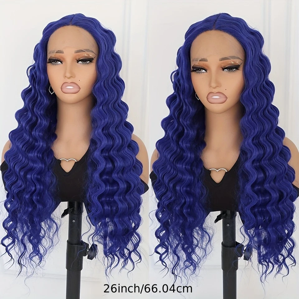 Pelucas rizadas rizadas color azul oscuro encaje sintético delanteras pre arrancadas mujeres fiesta Foto 3 de 4