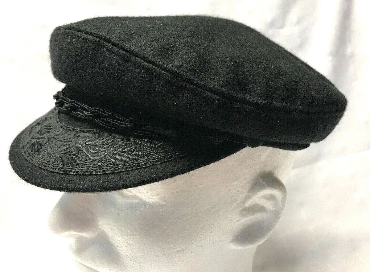 Vintage Greek Fisherman Hat Black Wool Blend Cap Made in Greece Cabbie Flat