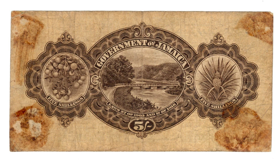 Jamaica Law 27/1904 and 17/1918 5 Shillings #32a ~ King George V ~ Very Rare! - Image 2 of 2