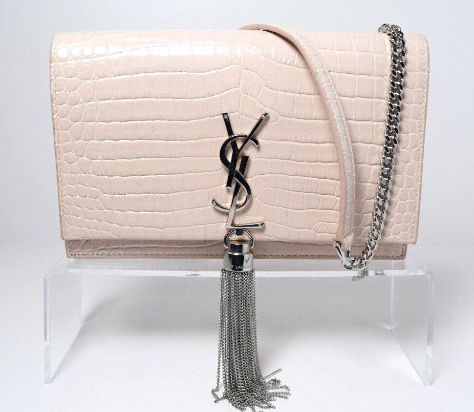 Saint Laurent Crocodile Embossed Pink Monogram Tassel Crossbody Bag