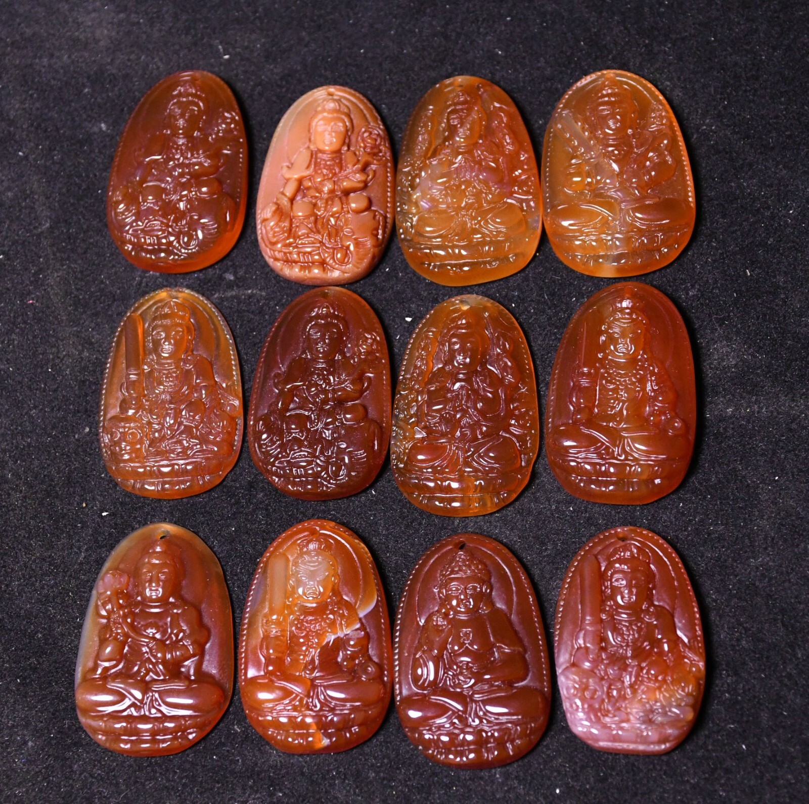 3.8CM China Agate Onyx Carved Kwan-yin Shakyamuni Buddha Amulet Pendant Set