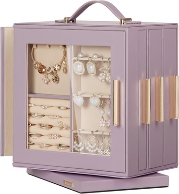 360° Rotating, Jewelry Organizer with Transparent Window, Mirror, 7 Drawers