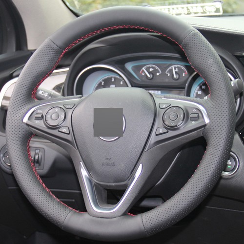 Black Hand-Stitched Leather Steering Wheel Cover – 38cm Universal Fit With Thread