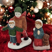 Ceramic Christmas Village Figures Figurines Set of 2