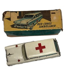 Vintage 1956 Ford Fairlane Red Cross Ambulance No. 355 Tin Litho Friction Siren