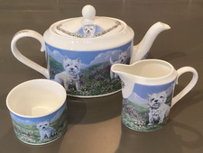 Danbury Mint West Highland Terriers Teapot, Sugar Bowl, Milk Jug - Westies RARE