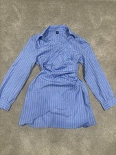 Blue Pinstripe Wrap Mini Dress Long Sleeve Smocked Waist Elegant Shirt Dress