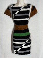 Derek Lam Rio Linen mini Dress 2 Colorblock Striped Sheath Brown Green black