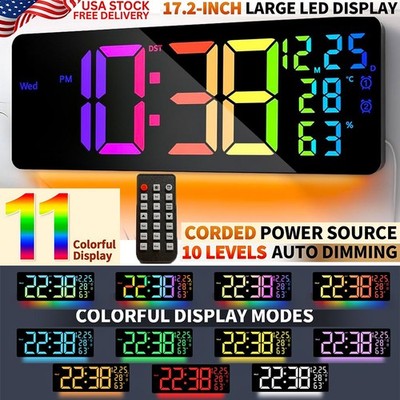 17.2'' LARGE LED WALL CLOCK DIGITAL RGB REMOTE ALARM WEEK DATE TEMP HUMIDITY BEST