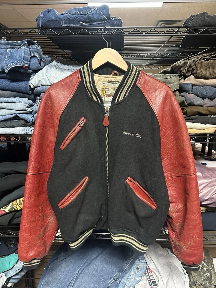 Vintage 91 Avirex Track And Field Distressed Leather Wool Varsity Jacket Men’s M - Image 3 of 4