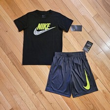 NEW Nike Little Boy Cotton Tee Dri-fit Short Set, Black/Green sz 7