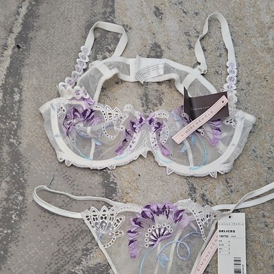 Simone Perele Delices 36C Balconette Bra Set Sheer Mesh Embroidered Underwire