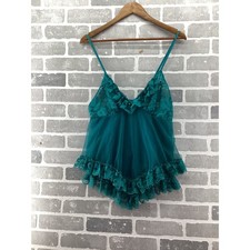 Vintage Teal Green Lace Ruffle Babydoll Chemise Sheer Mesh Lingerie Top Large