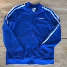Adidas Boys Sz 6 Blue Track Jacket with White Stripes Full Zip Sports Logo