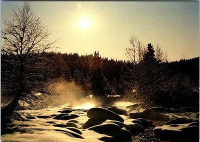 Norway Postcard   Winter Landscape with Sun and River   Mittet