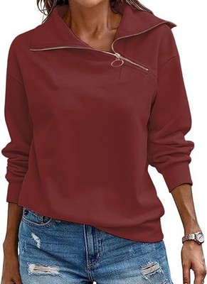 Women's Pullover Autumn Quarter Zip Long Sleeve Roll Neck Sweatshirts Casual Single...