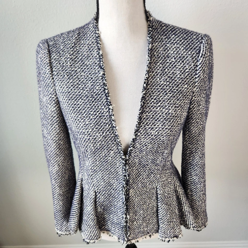 Rebecca Taylor Tweed Peplum Knit Cropped Blazer Jacket Black Gray Blue Size 6 - Image 3 of 4