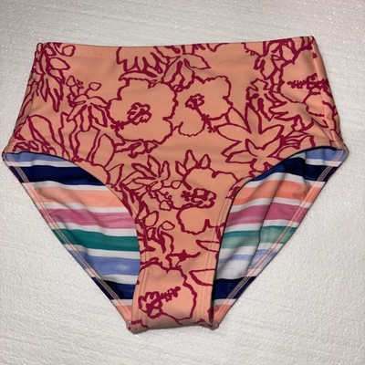 Athleta Girl Reversible Bikini Bottom S/7 Aqua Coral Pink Navy High Rise Swim