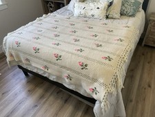 Vintage Handmade Crochet Afghan Throw 50x57 Pink Rose Floral Cream Fringe