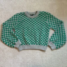 Forever 21 Women’s Sweater Large Green Gray Checkered Fuzzy Knit Pullover