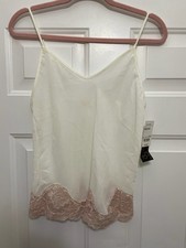VTG NWT Escapades Ivory Cami Tank Top Pink Lace Detail Size M Silky Satin