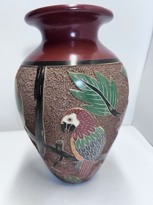 Vintage Handmade Clay  Nicaraguan Nicova Pottery Vase Vessel with Carved Parrot