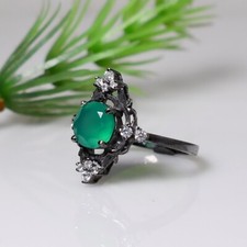 Natural Green Onyx Ring 925 Sterling Silver Round Gemstone Ring Wedding Ring