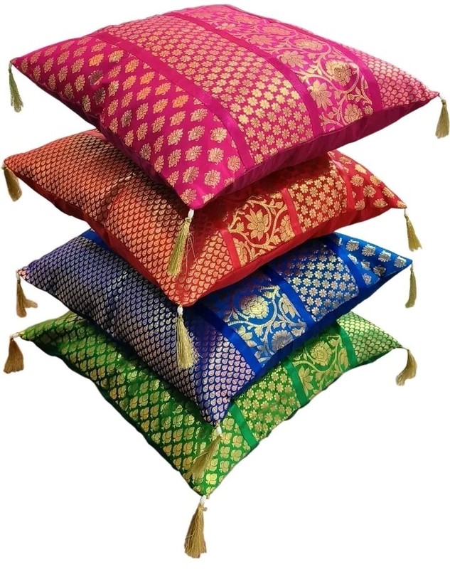 Indian Ethnic Decorations Silk Bohemian Cushion Cover Set of 4 Decorative Patchw