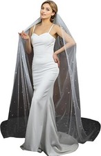 1 Tier Bridal Wedding Veil Pearl Chapel Length Tulle Hair Off White 118inches