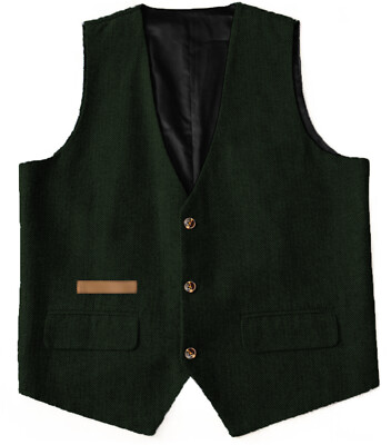 Mens Wool Tweed Vest Herringbone Waistcoats Hunting Vintage Retro Wedding Grooms