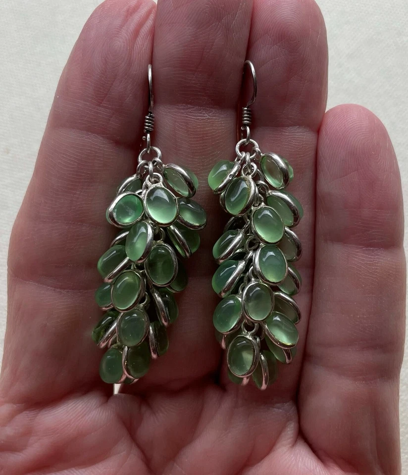 Cluster Steampunk Boho Dangle Earrings Cabochon Resin Light Green Sterling 2.25" - Image 4 of 4