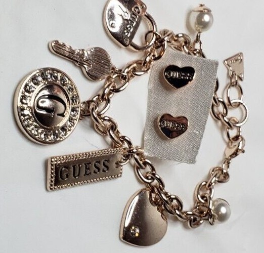 Rose Gold tone Guess Charm Bracelet with Match Heart Pierced