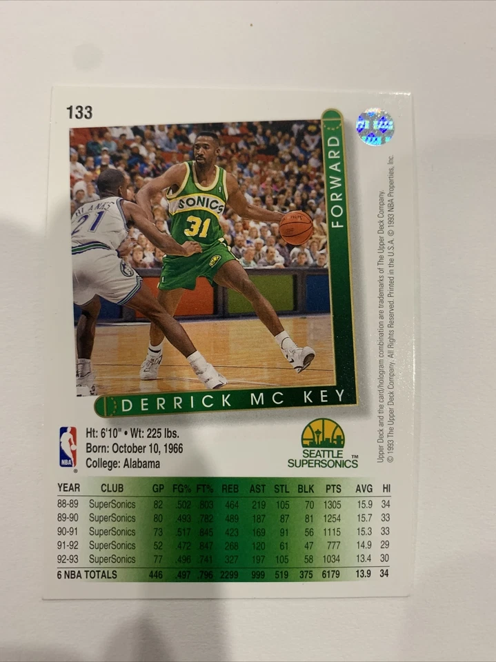 1993-94. Cubierta superior. #133. Derrick Mc Key Foto 2 de 3