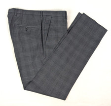 BOSS Hugo Leenon Model Slim Wool Gray Check Flat Front Pants Sz 34 x 33