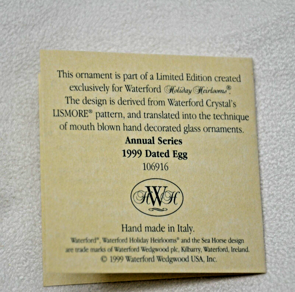 Waterford Holiday Heirlooms 106916 Annual Ornament Series Dated Egg