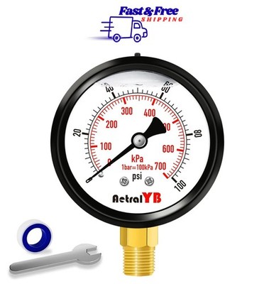 Water Well Pump Liquid Filled Side Lower Mount Pressure Gauge 0 to 100 PSI