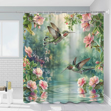 Hummingbird Shower Curtain Spring Lovely Birds Pretty Flowers Green Leaves Pink