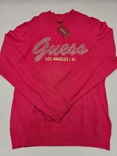 NWT Guess Los Angeles 81 Rhinestone Logo Pink Knit Sweater Size XL