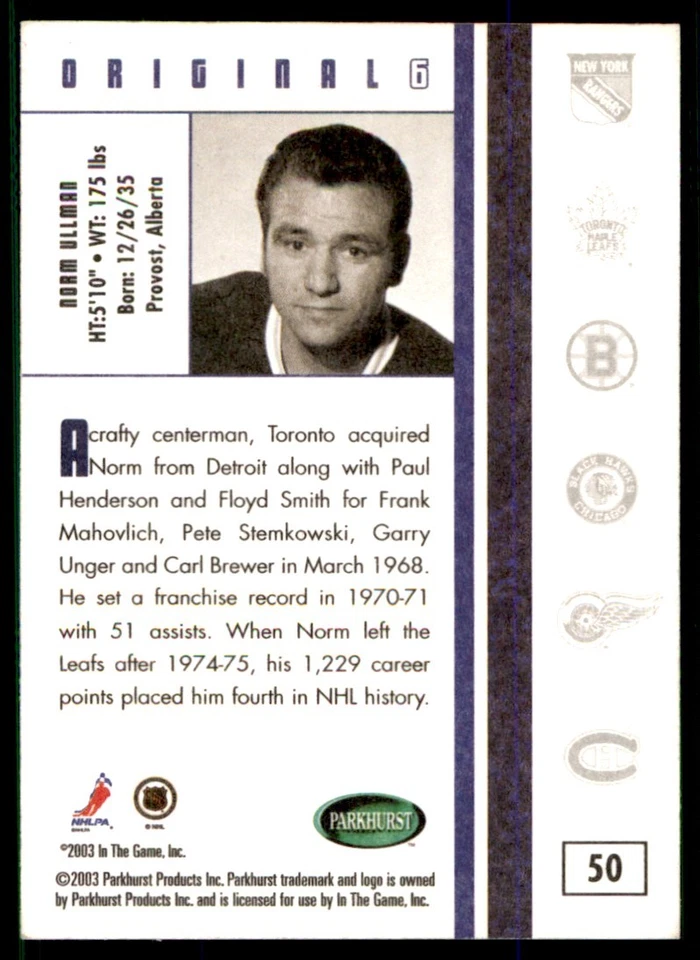 2003-04 Parkhurst Original Six Toronto Norm Ullman Toronto Maple Leafs #50 - Image 2 of 2