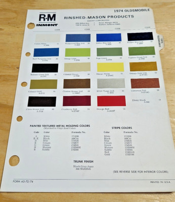 1974 Oldsmobile car exterior paint color chip chart sheet sample OEM R-M
