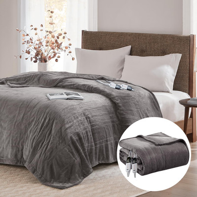 King Size Electric Blanket with Dual Controls, Fleece, Auto Shut Off, Grey