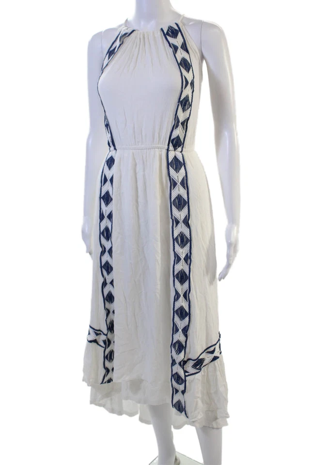 Ella Moss Mujer Blanco Geométrico Cuello Alto Midi Solero Cordón Talla S Foto 2 de 4