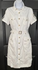 Marvin Richards Womens White Shirt Dress sz 12 Snaps Stretch Belt Safari Classic
