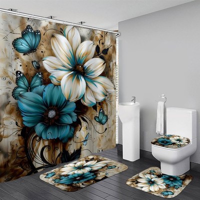 AZHM 4pcs White and Blue Artistic Painted Flowers Shower Curtain Set Floral a...