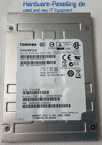Toshiba Hitachi 200GB 2,5" SAS-3 12G PX02SMF020 SFB5B-M200SS SDFCP93HCA02 - 第 1/1 張圖片