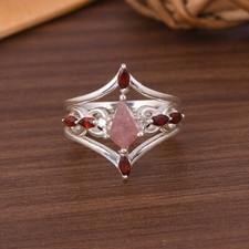 Unique Kite Shape Strawberry Quartz Stackable Ring, Set Art Deco Engagement Ring