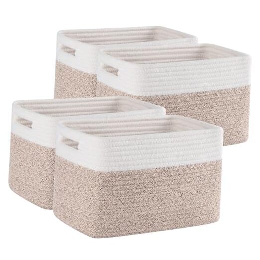 4 Pack Storage Baskets for Organizing, Woven Baskets for Shelves  Brown & White