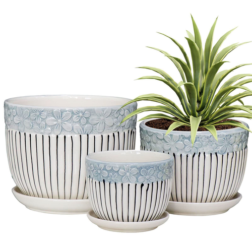 Grey Flower Pots,Texture Planter for Indoor Plants Set of 3 Ceramic Flower Po...